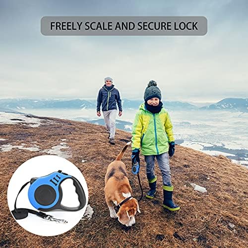 Retractable Dog Lead, Extendable with Non-Slip Handle & Adjustable Dog Lead, 5 m Nylon Band, One-Hand Brake, Pause Lock (Blue)