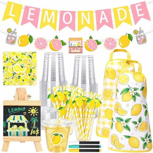 RUEGGVAT 208 PCS Lemonade Stand Supplies Kit - 50 Sets 18oz Lemonade Cups with Lids and Straws,Stickers,2 Aprons, 1 Chalkboard - Summer Lemon Birthday Party Decorations for Kids, Outdoor Decor