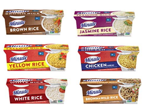 Minute Rice Ready to Serve Cups Variety Pack of 6 Different Flavors: White Rice, Yellow Rice, Brown Rice, Chicken Rice, Jasmine Rice, Brown and Wild Rice. Bundle of 6 Ready Rice Food Gift