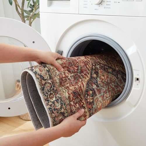 Hafaa Machine Washable Bedside Small Rug 40x60 cm - Soft Short Pile Area Rugs For Bedroom Entrway Non Slip Floor Carpet Door Traditional Vintage Design Cashmere Mat For Kitchen Bathroom, Majestic - Image 3