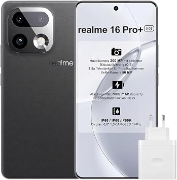 realme 16 Pro+ 5G Smartphone 6.8 Inch AMOLED Display with 1.5K Resolution and 144 Hz 12+512GB 200MP Main Camera with OIS and 3.5x Telephoto Lens 7000mAh IP68/IP69K Grey 256.0 GB 8.0 GB