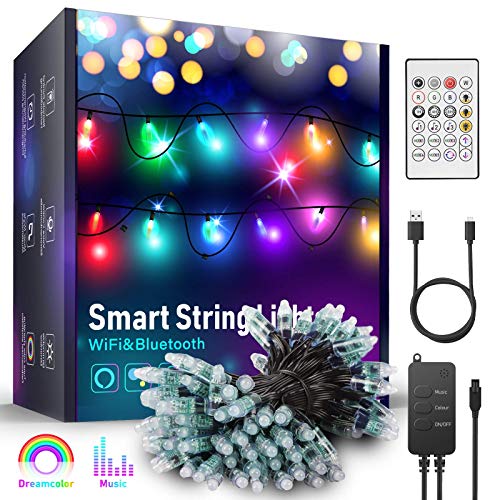 DreamColor Outdoor String Lights, Color Changing Waterproof Christmas Lights with Remote Works with Amazon Echo, App Controlled Music Sync Led String Lights for Indoor Outdoor Decor (33 FT)