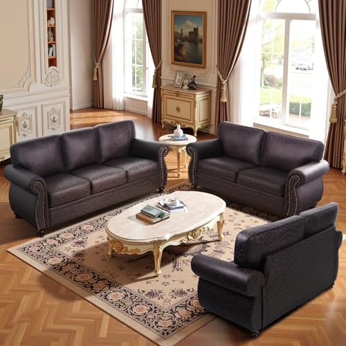 Image of Couchus 71 inch W Loveseat Sofa Couch, Mid-Century Vintage Faux Leather Love Seat with Nailhead Trim, Upholstered Couch for Living Room (Brown, Loveseat)