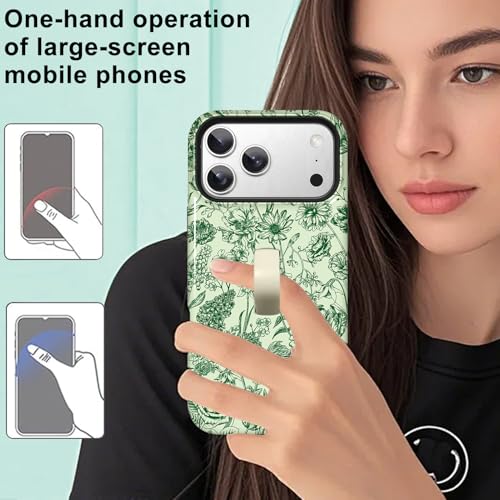 Image of Magnetic for iPhone 17 Pro Case with Finger Strap Kickstand [Compatible with Magsafe] Cute Flower Floral Pattern Design, Dual-Layer Shockproof Protective Cover for Women Men, Green