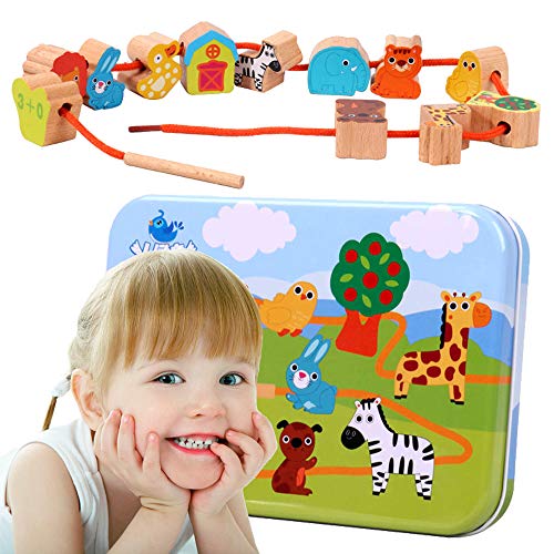 CenYouful Lacing Toy Wooden Block Set, Early Educational Toys String & Lacing Beads Games for Toddlers Kids Terrestrial Animals Learning Toy Play Set (12 Pieces) (Animal)