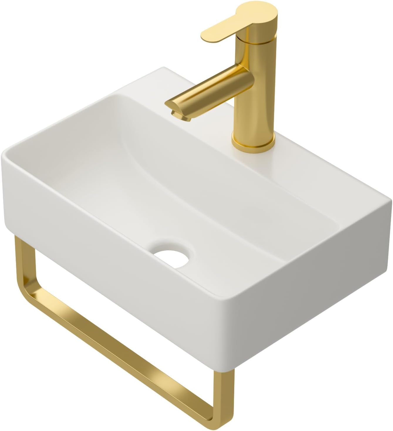 Floating Bathroom Sink with Faucet- 14"x10" Rectangle Ceramic Porcelain Wall Hung Bathroom Sink with Gold Towel Rack and Faucet Overflow Combo Vessel Vanity Sinks