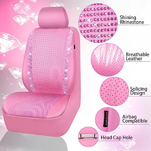 Image of CAR PASS Bling Diamond Car Seat Covers, Shining Rhinestone Waterproof Faux Leather Pink Car Accessories Two Front Only Universal Fit Auto Glitter Crystal Sparkle Strips for Cute Women Girl, Pink
