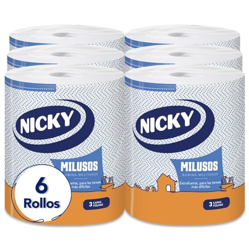 Nicky Milusos Extrafuerte Papel de Cocina - Paquete de 6 Rollos, 340 Hojas de 3 Capas por Rollo, Papel Superabsorbente y Extrafuerte, Embalaje Reciclable, Celulosa 100% Pura con Certificación FSC