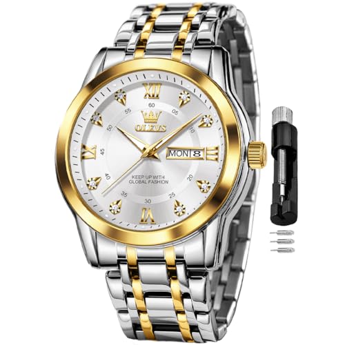 OLEVS Silver Watch for Men Simple Business Dress Analog Quartz Stainless Steel Waterproof Luminous Date Diamond Men Watch