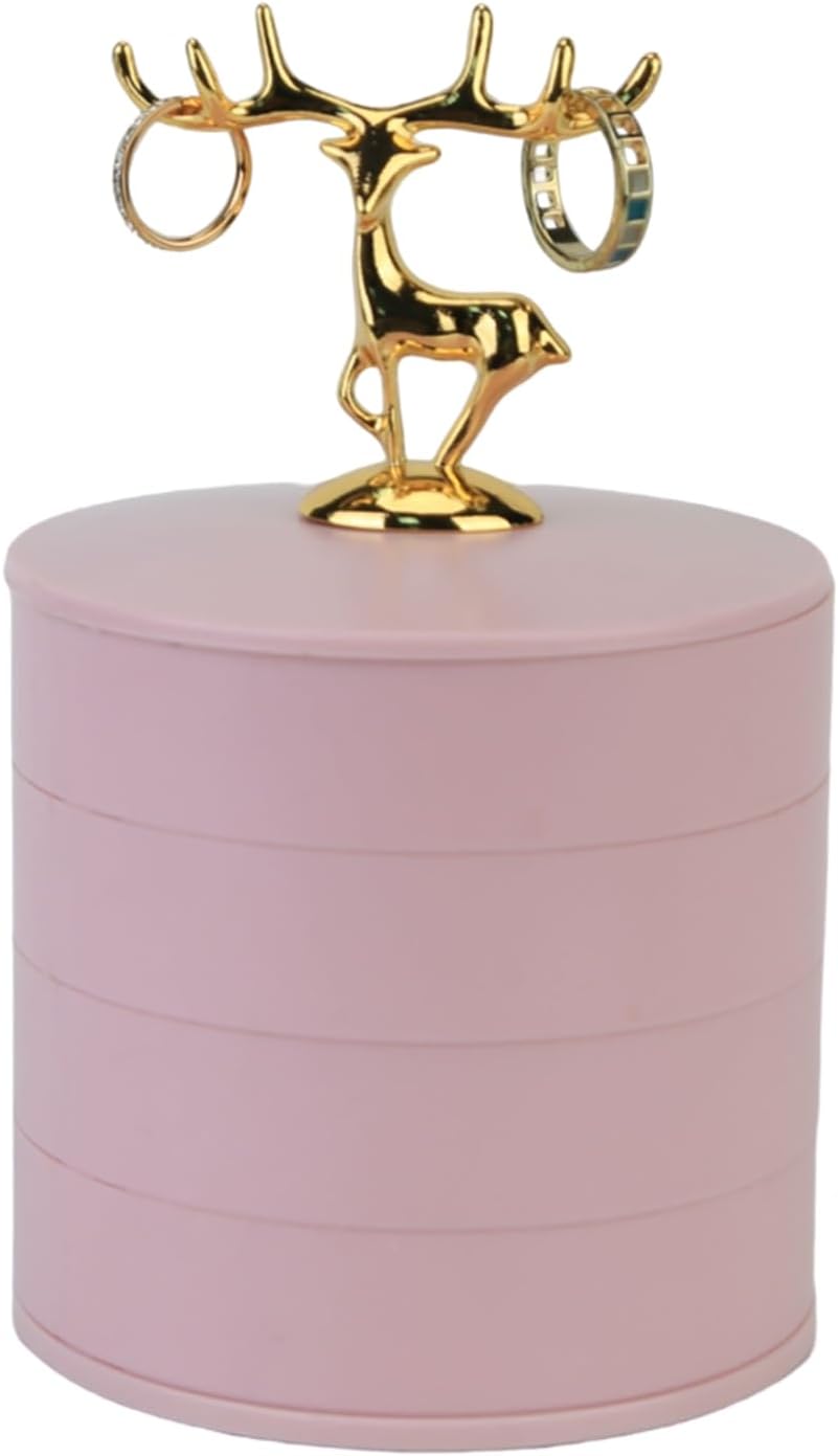 Decorative Jewelry Storage Box with Gold Deer Topper, 3-Tier Rotating Design, Pink