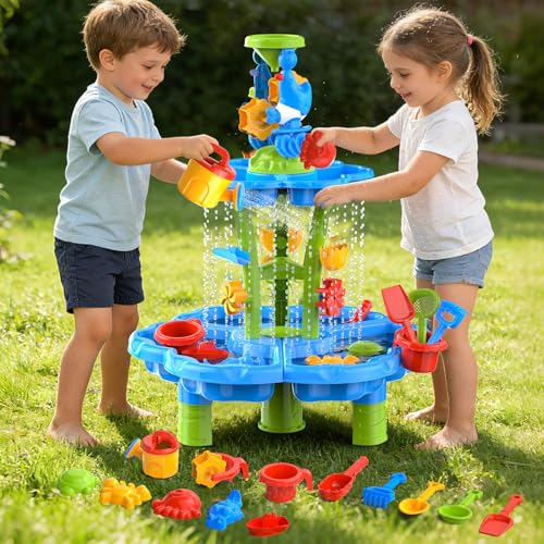 JSDOOGOO 3-Tier Kids Toddlers Water Sand Table - Multifunctional Summer Outdoor Toys with Stable Design,Sensory Learning Backyard Poolside Beach Activity Playset Gifts for Boys Girls(Sky Blue)