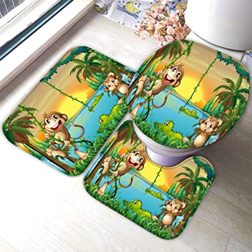 AOLIGL Badezimmermatte Set Krokodil 3D Drucken AFFE Teppich Badezimmer Badgarnitur 3teilig Mikrofaser Bath mat U…