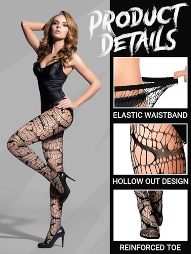 4 Pairs Black Fishnet Stocking, Black Skull Spider Web Star Bat Tights Legging Pantyhose for Women Halloween2