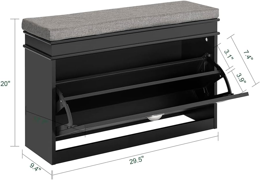 Haotian Shoe Storage Bench with Cushion, Black Narrow Shoe Rack for Entryway, Small Shoe Cabinet with 2 Tiers Flip-Drawer, Closet Hallway Mudroom FSR82-L-SCH