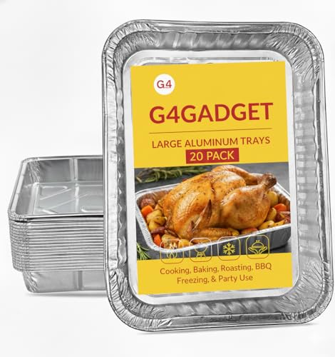 G4GADGET Paquete de 20 bandejas grandes de aluminio (32 x 22 x 3 cm) – Contenedores de papel de aluminio para cocinar, hornear, asar, barbacoa, congelar y uso en fiestas