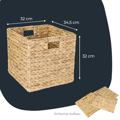 HMF Aufbewahrungskorb passend für KALLAX Regal, Korb geflochten aus Wasserhyazinthe mit Griffen | 4er Set | 32 x 34,5 x 32 cm | Natur