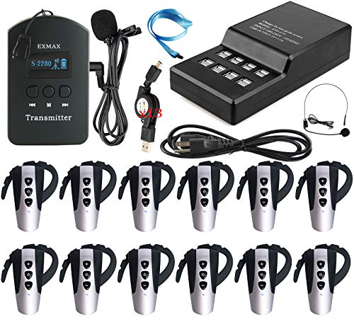 EXMAX® EXD-6824 Wireless Tour Guide System for Tour Guiding Simultaneous Translation Museum Visiting Coaching Church Assistive Listening Teaching Seminar(1 Transmitter 12 Receivers 16-port Charger)