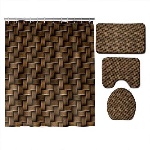 Subently Shower Curtain Set Of 4 Pcs Basket Herringbone 72X72 Inches With Non-Slip Rugs Toilet Bath Mat And Toilet Lid Cover For Bathroom #TOP1