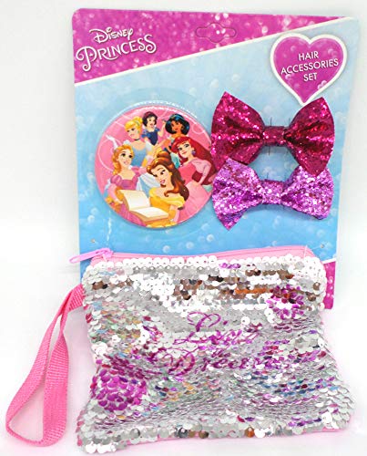 TDL Disney Princess Set Miroir + Paillettes Portefeuille + 2 Moudre - Licence Officielle - Mirror Sequin Purse and Bow Set