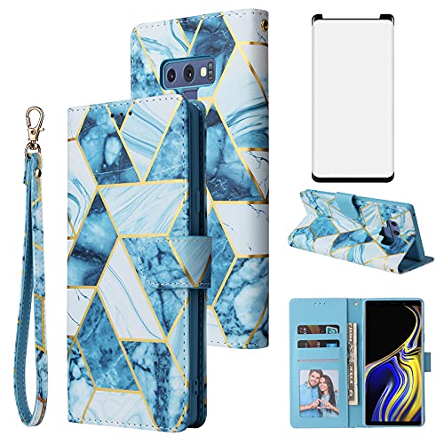 Asuwish Compatible with Samsung Galaxy Note 9 Wallet Case and Tempered Glass Screen Protector Leather Flip Cover Card Holder Stand Cell Phone Cases for Galaxies Gaxaly Glaxay Note9 Not Women Men Blue