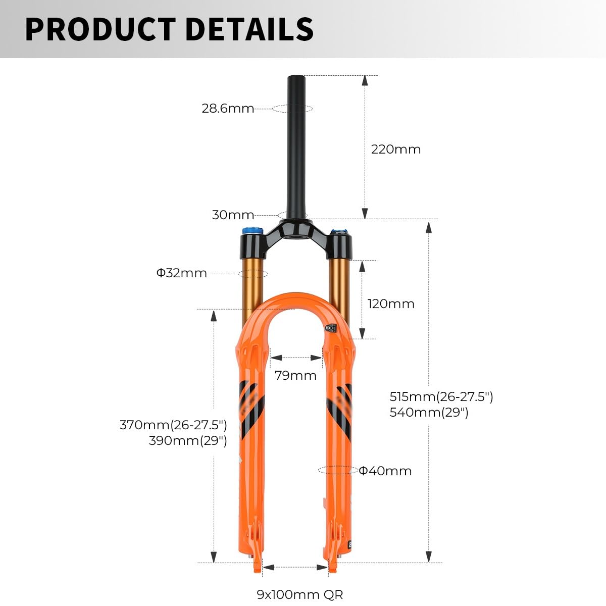 Horquilla de Descenso para Bicicleta de montaña de 27,5/29 Pulgadas, suspensión neumática, Tubo Recto de 1-1/8", Freno de Disco Delantero, 120 mm de Recorrido, Eje QR de 9 x 100 mm