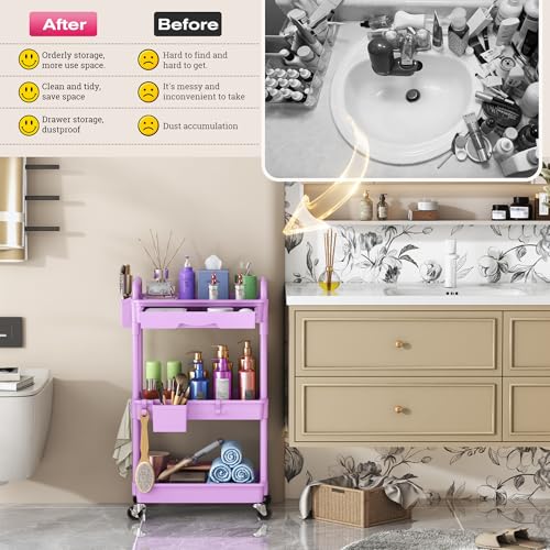 Image of Goovilla Rolling Makeup Organizer Cart with Removable Drawer, 3 Tier Stable Purple Floor Skincare Storage Cart for Vanity, Cosmetic Display, Nail Polish, Perfume, Hair Stuff, Beauty, Bathroom(Plastic)