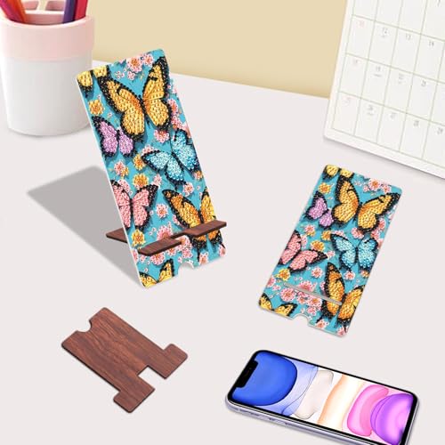 Image of Butterfly Diamond Painting Phone Stand with Mirror, DIY Wooden 2-in-1 Decorative Diamond Art Desktop Holder, Crystal Diamond Gem Painting Tabletop Ornament Kit Craft Gift for Adults