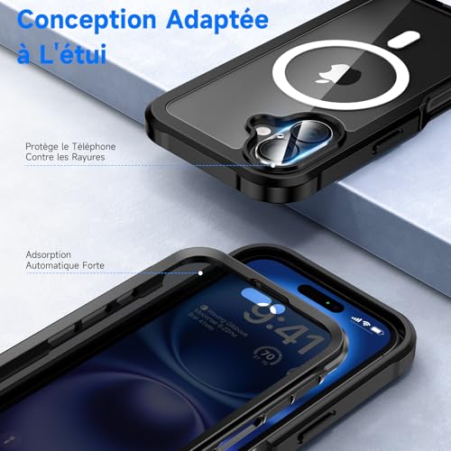 Coque magnétique iPhone 16 antichoc noir compatible MagSafe avec protection écran