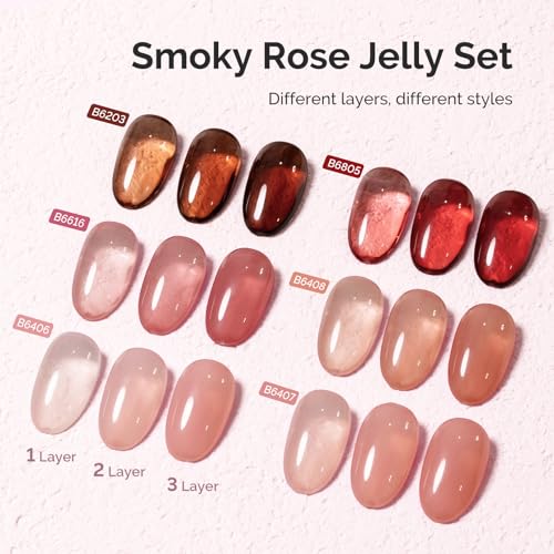 Image of MelodySusie Jelly Gel Nail Polish Set,6PCS Milky or Jelly Texture,Smoky Rose Colors Soak Off UV LED Light Cure or Salon Manicure and Nail Art DIY at Home 15ML