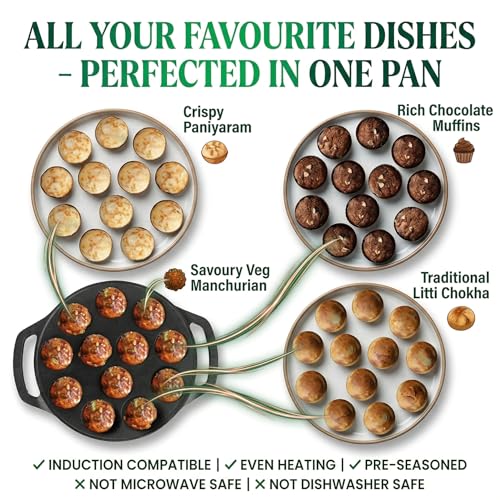 Image of Cast Iron 12 Cavity Paniyaram Pan | Pre-Seasoned Appam Patra, Kuzhi Paniyaram, Appe, Paddu, Ponganal, Litti & Pancake Maker | Naturally Non-Stick | Gas & Induction Compatible | 2 Side Handles