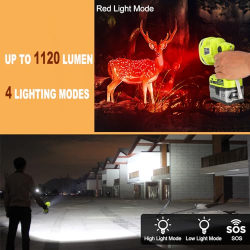 Image of Cordless LED Work Light for Ryobi One 18V Battery 1120LM LED Outdoor Spotlight Flashlight with Red&White 4 Modes, Pivoting Head for Jobsite, Handheld Spot Light for Outdoor(No Battery)