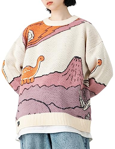 Arssm Mens Oversized Dinosaur Knit Pullover Sweater Fashion Cartoon Unisex Sweater Long Sleeve Crewneck Vintage Tops3