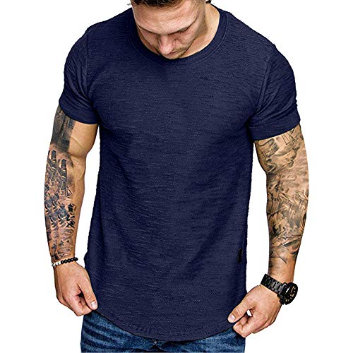 Fashion Mens T Shirt Muscle Gym Workout Athletic Short Sleeve Shirts Cotton Tee Shirt Top Blue