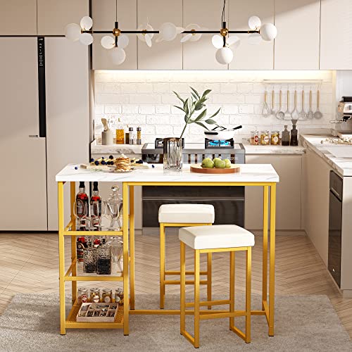 Awqm Gold Bar Table Set For 2,Kitchen Table With Storage Faux Marble Counter Height Table With Stools Bar Table And Chairs Set,Dinning Table Set For Small Space #TOP2