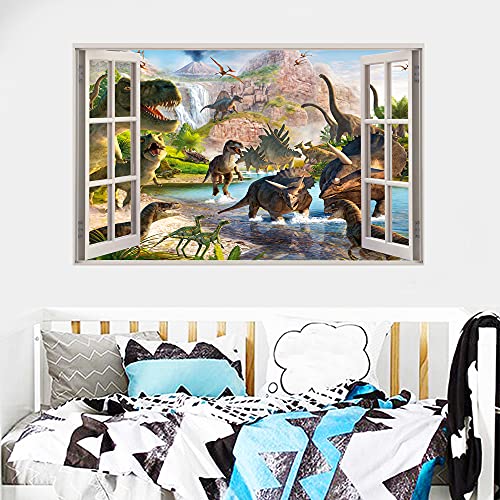 3D Watercolour Dinosaur World Fake Windows Wall Sticker,Peel And Stick Removable Decals For Kids Nursery Bedroom Playroom Living Room Decoration（27.55"X17.32"） #TOP4