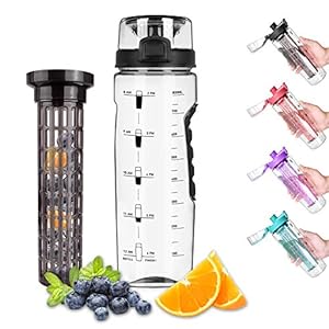 Opard Water Bottle with Time Marker, 30 oz Sports BPA Free Plastic Reusable Fruit Infuser Water Bottles with Handle, Leak Proof Flip Top Lid, Infusion Rod, Cleaning Brush and Recipe (Black)