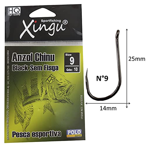 Kit com 10 Anzóis Lisos Sem Farpa Fisga N°9 Xingu Black Cartela com 10 Unidades