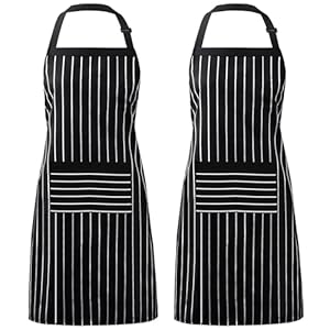 Syntus 2 Pack Adjustable Bib Apron with 3 Pockets Cooking Kitchen Aprons for Women Men Chef, Black/White Pinstripe