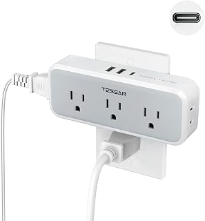 TESSAN 8-in-1 Surge Protector Outlet Extender: 5 Wide-Spaced AC Outlets, 3 USB Ports (USB-C), 1875W for Home Office Dorm Travel