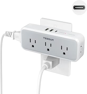 TESSAN Multi Plug Outlet Extender, USB C Wall Charger, Surge Protector,Grey | 5 Outlets and 3 USB 1 USB C, Electrical Power Expander with Surge Protector Spaced for Home Office Dorm Room, 1875W