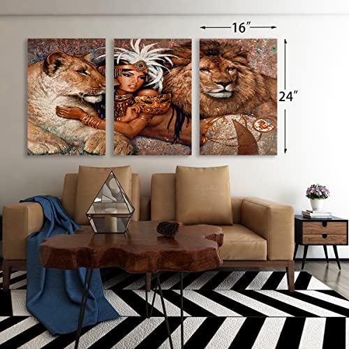 Large Wall Art Lion And African Woman Portrait Wall Art Painting Pictures Print 3 Pieces Canvas Animal For Bedroom Living Room Office Wall Decor Home Decoration Framed Ready To Hang - 16''X24'', 3 Panel #TOP3