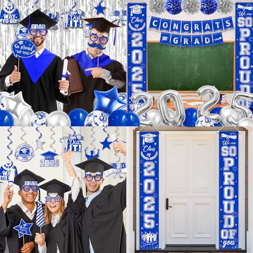 Image of Silver and Blue Graduation Decorations, Congrats Grad Banner, Photo Props, Balloons, Fringe Curtains, Class of 2025