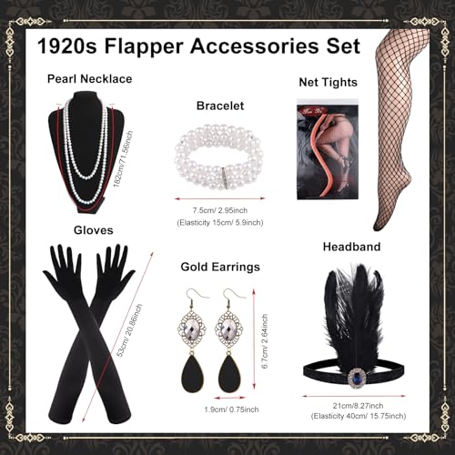 PLULON 1920s Dresses for Women, Sequin Fringed Gatsby Flapper Cocktail Dresses 1920s with 20s Accessories Set, Roaring 20s Costumes