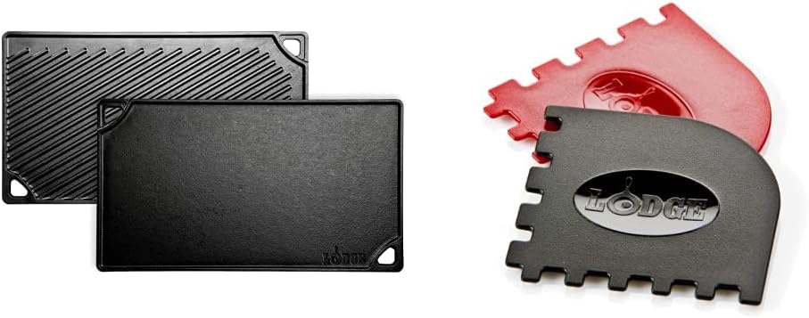Lodge LDP3 Reversible Grill/Griddle, 9.5-inch x 16.75-inch & SCRAPERGPK Durable Grill Pan Scrapers, Red and Black, 2-Pack