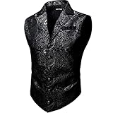 Barry.Wang Mens Victorian Vest Steampunk Gothic Black Silver Paisley Tailored Collar Waistcoat Halloween Themed Party