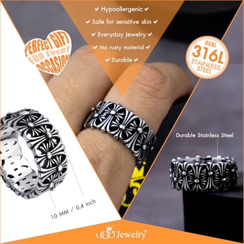 555Jewelry Stainless Steel Rings Men 10MM Cross Rings for Men Chrome Hearts Ring Wedding Band Vintage Retro Gothic Biker Christian Rings for Men US Size 7-134