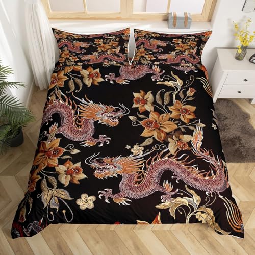Boys Dragon Duvet Cover Golden Exotic Floral Bedding Set for Kids Teens Chinese Heritage Historical Eastern Motif Comforter Cover Vermilion Black Bedspread Cover Bedroom Collection 3Pcs Queen Size