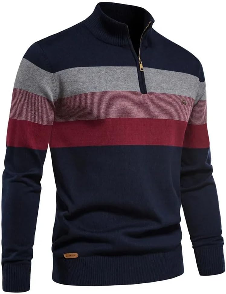 Men's Autumn Winter Sweater Half High Collar Color Matching Stripe Pullover Business Casual Knitwear Sweaters