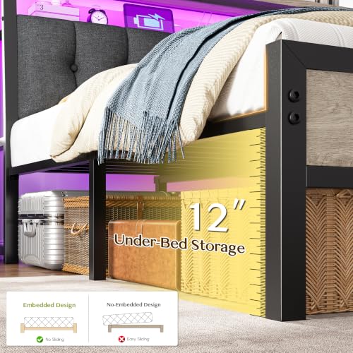 Image of Homkdom Queen Bed Frame with Upholstered Headboard & Charging Station
