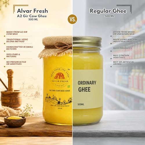 Image of Alvar Fresh A2 Gir Cow Desi Ghee 500ml | Traditional Vedic Bilona Method | Pure Cultured Ghee from Gir Cow Milk | Natural Aroma & Rich Taste | Premium Glass Jar Packaging
